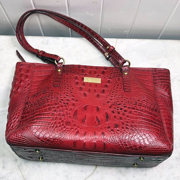 Brahmin Bag Purse Tote Red Med Asher Melborne Croc Shoulder Zip Top GUC - Picture 3 of 16